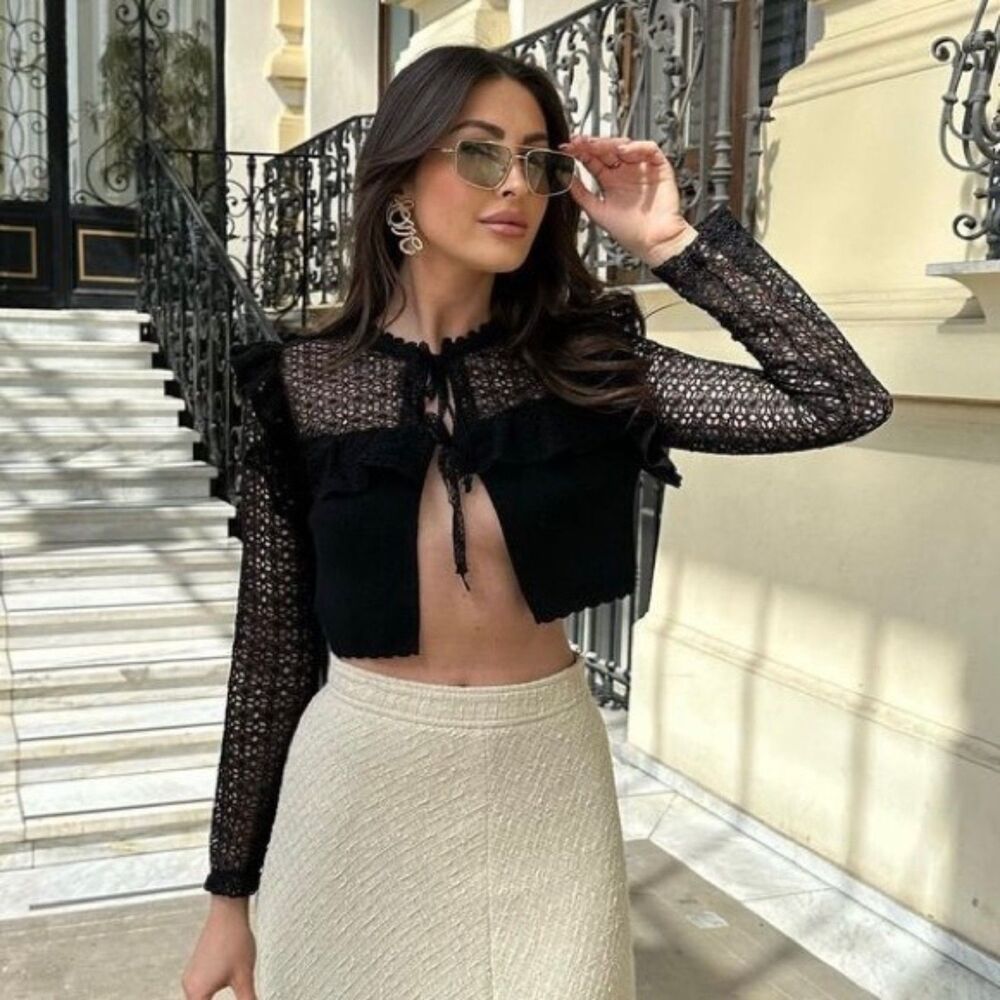 ZARA Lace Knit Cropped Cardigan Black Small